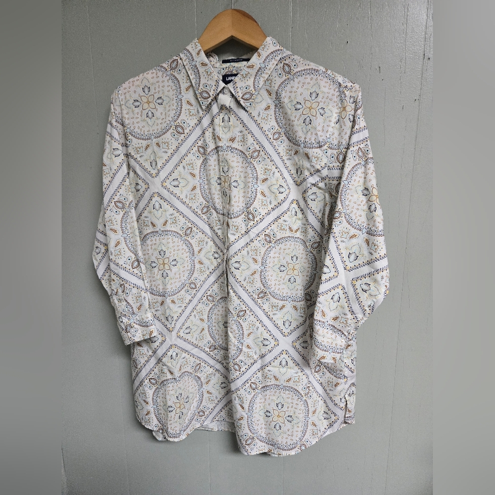 Lands's End Womans Shirt Size 24 Paisley 3/4 Sleeve Supima Blue/Tan